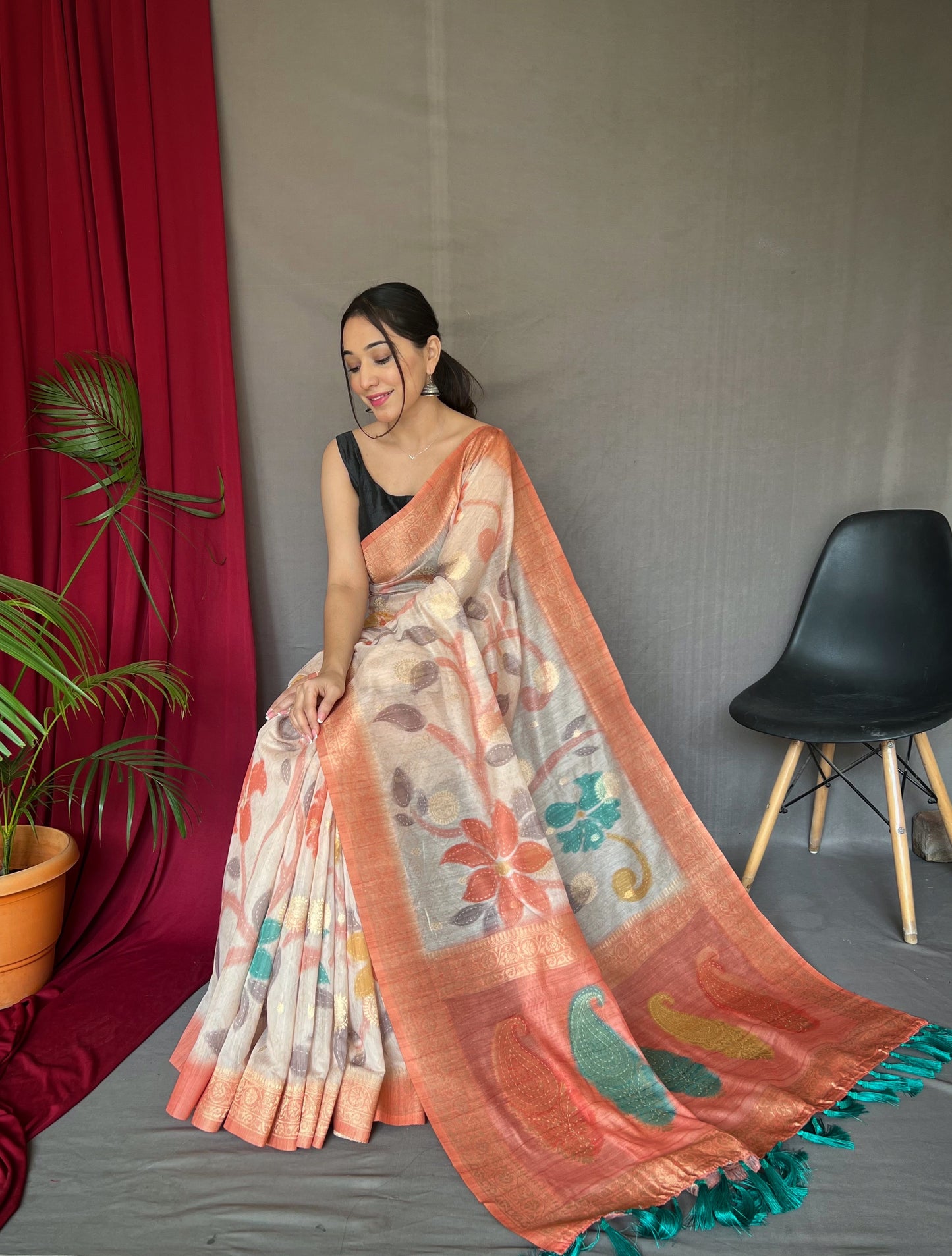 Peach Chanderi Silk With Digital Printed Silk Saree