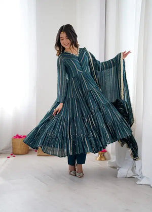Peacock Blue Chanderi Silk Salwar Suit with Real Mirror Handwork and Designer Embroidery by The Beauty Queen Surat