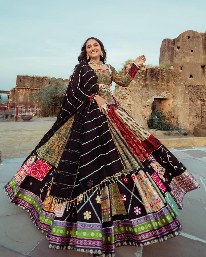Black Multicolor Fancy Digital Print Work Real Mirror Work Navaratri Lehenga Choli