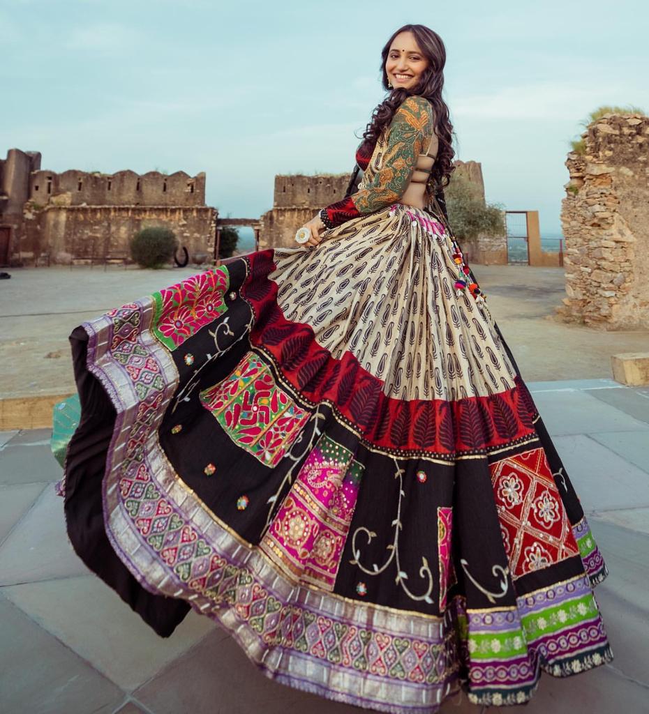 Black Multicolor Fancy Digital Print Work Real Mirror Work Navaratri Lehenga Choli