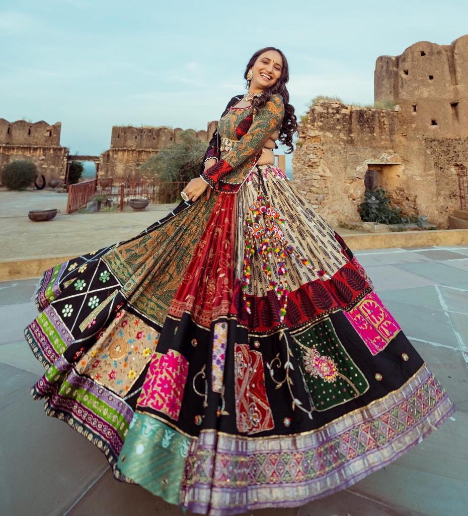 Black Multicolor Fancy Digital Print Work Real Mirror Work Navaratri Lehenga Choli