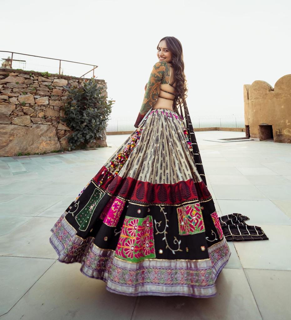 Black Multicolor Fancy Digital Print Work Real Mirror Work Navaratri Lehenga Choli