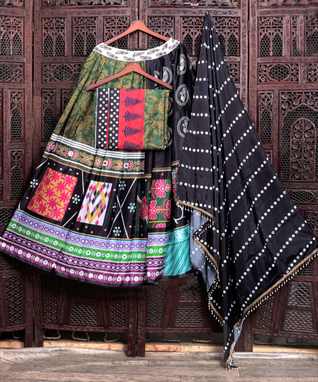 Black Multicolor Fancy Digital Print Work Real Mirror Work Navaratri Lehenga Choli