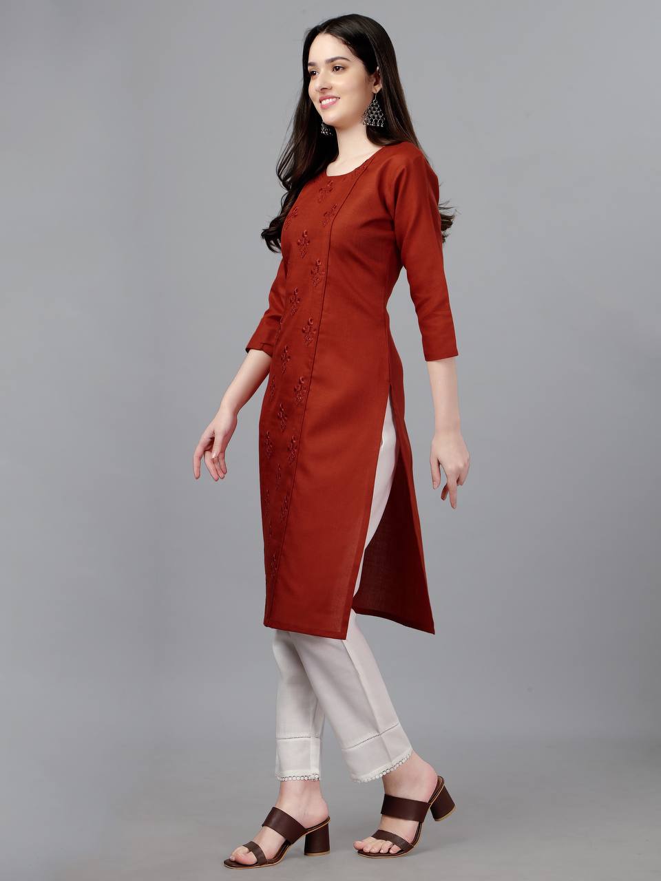 Dark Orange Color Fully Stiched Casual Embroidery Kurti