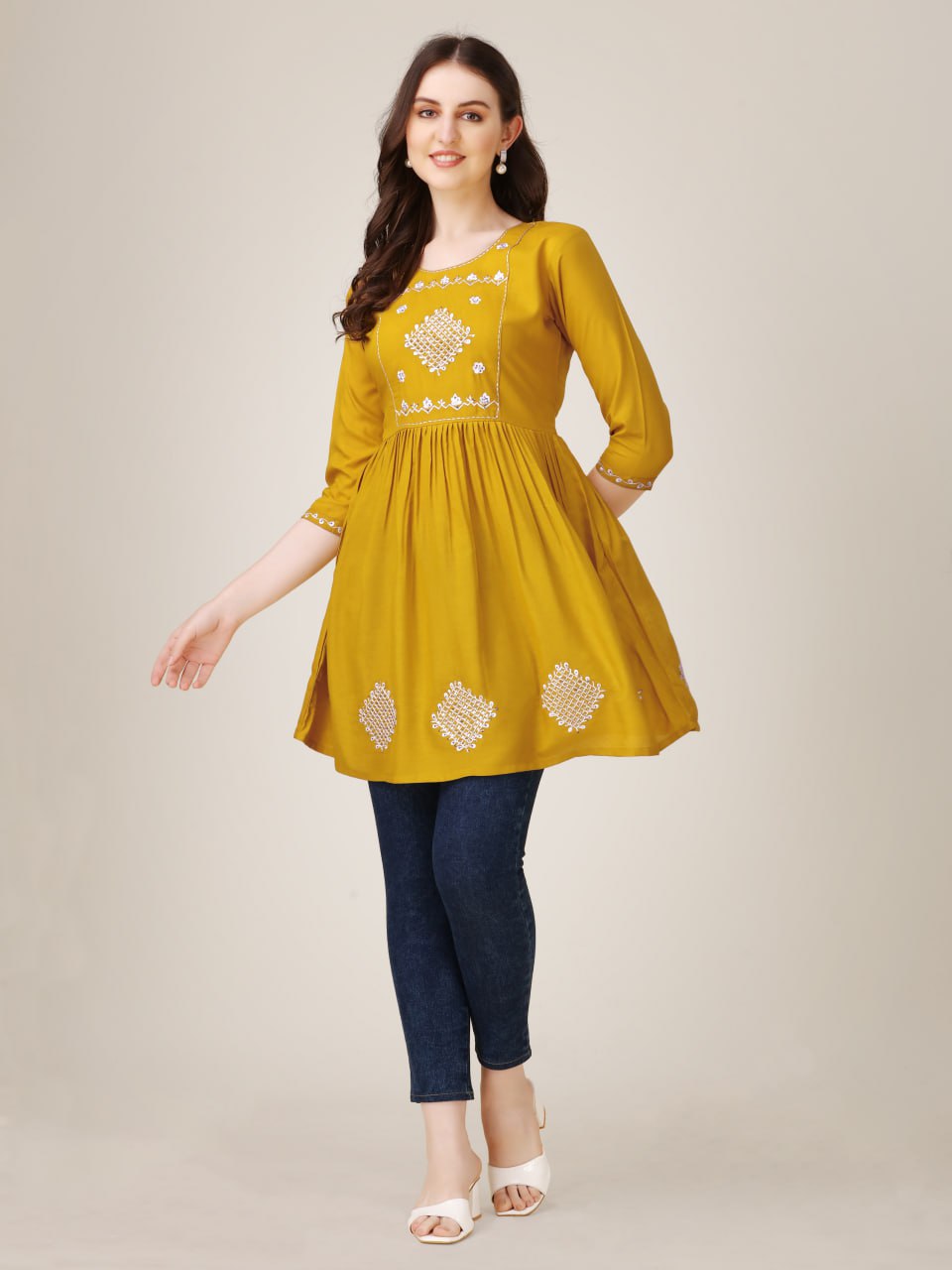 Mustard Color Fully Stiched Western Top Rayon with Embroidery and Sequence Work Kurti