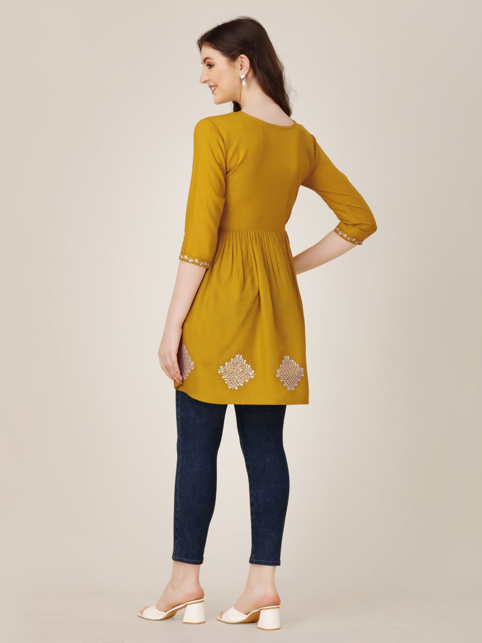 Mustard Color Fully Stiched Western Top Rayon with Embroidery and Sequence Work Kurti