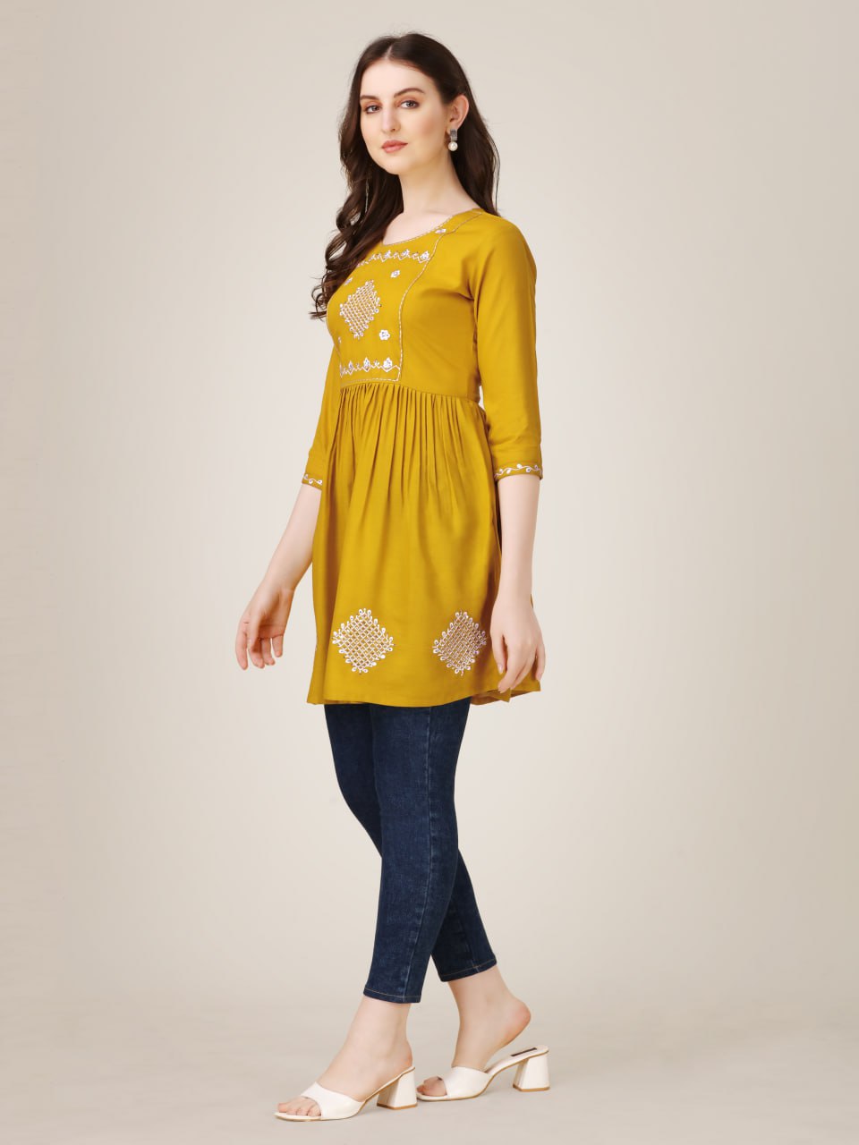 Mustard Color Fully Stiched Western Top Rayon with Embroidery and Sequence Work Kurti