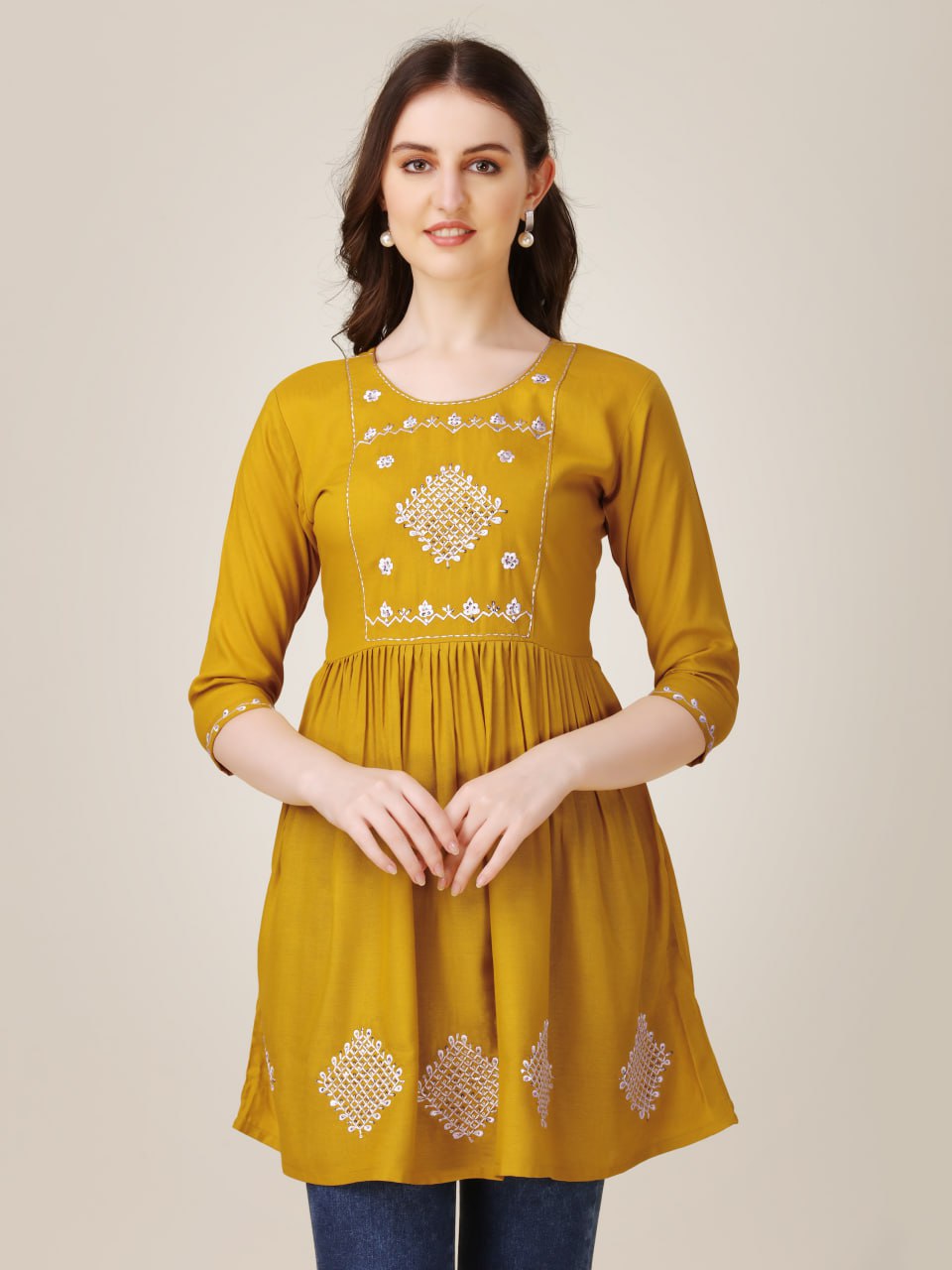 Mustard Color Fully Stiched Western Top Rayon with Embroidery and Sequence Work Kurti