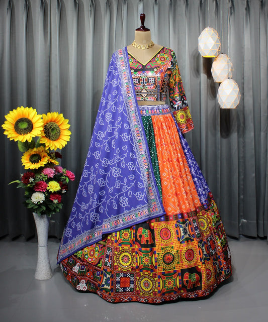 Fancy Digital Print Soft Butter Silk Real Mirror Work Navaratri Lehenga Choli