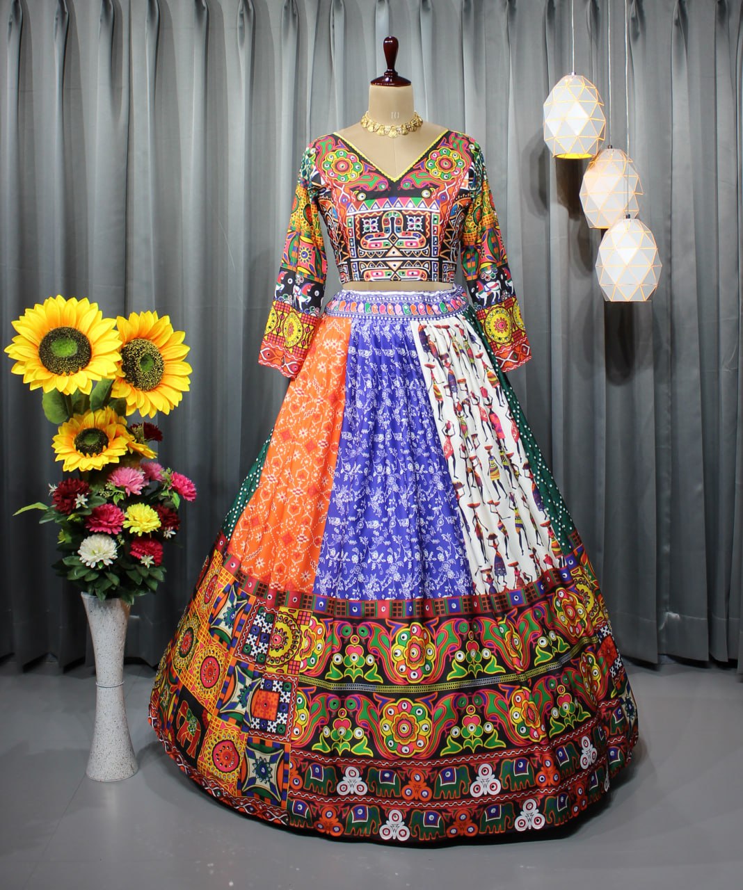 Fancy Digital Print Soft Butter Silk Real Mirror Work Navaratri Lehenga Choli