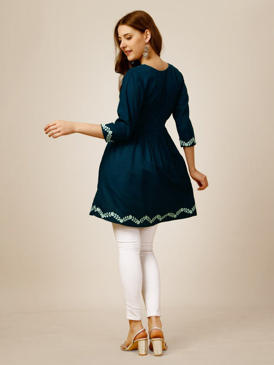Blue Color Fully Stiched Western Top Rayon with Embroidery and Sequence Work Kurti