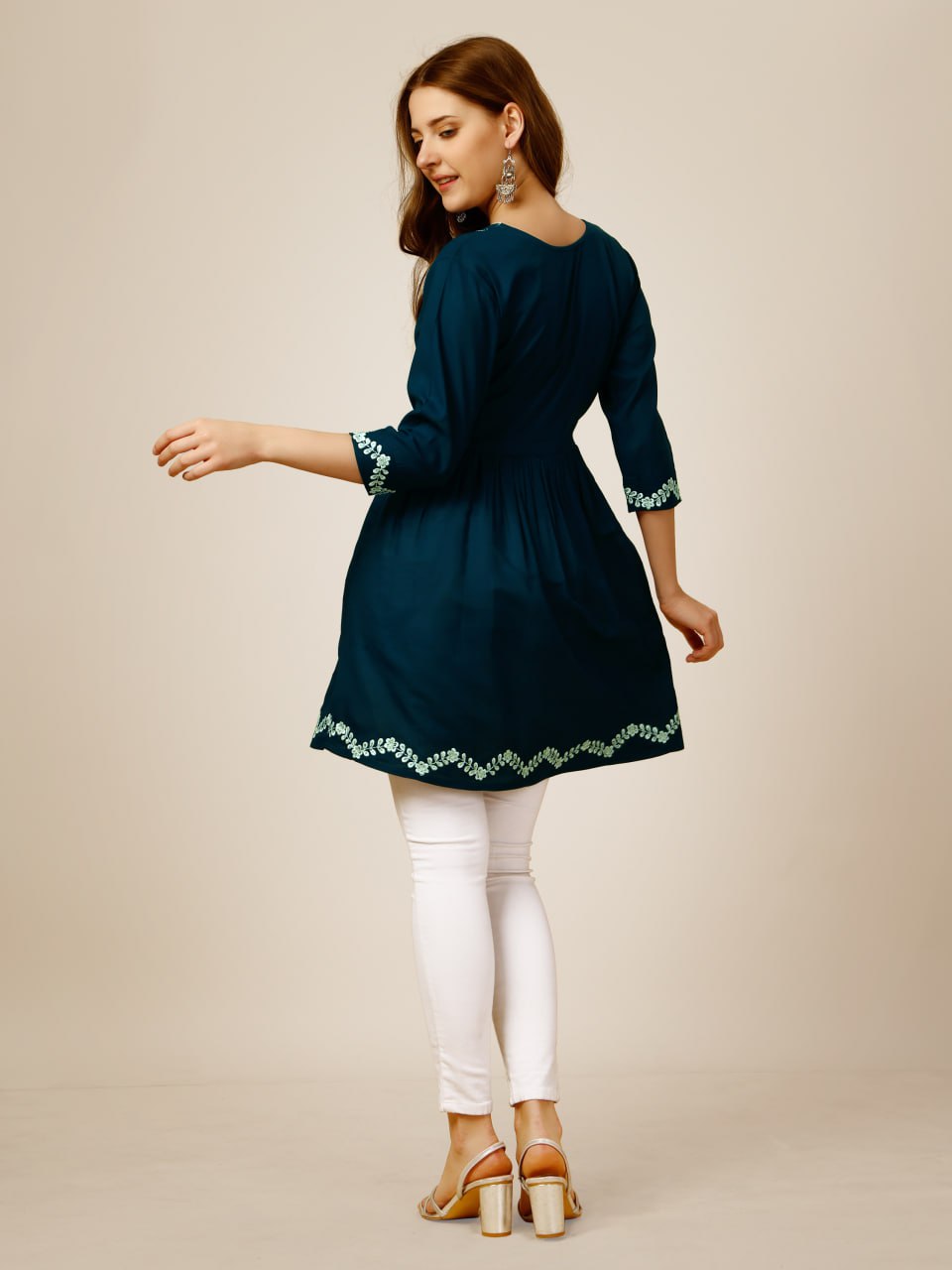 Blue Color Fully Stiched Western Top Rayon with Embroidery and Sequence Work Kurti