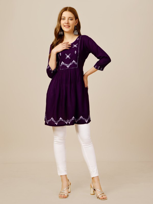 Purple Color Rayon with Embroidery and Sequence Work Kurti