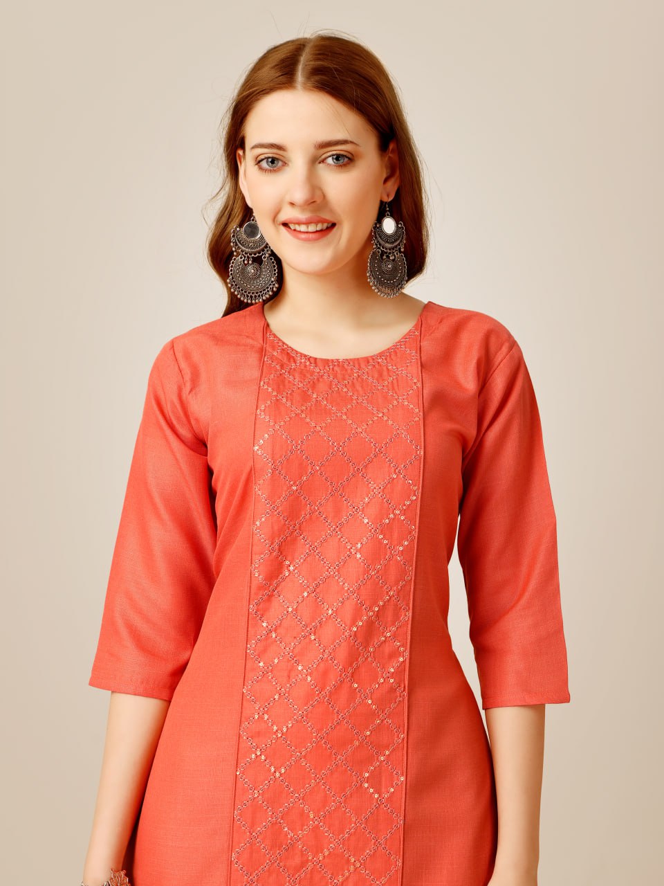 Coral Color Cotton Magic Slub with Embroidery & Sequence Work Kurti and Pant