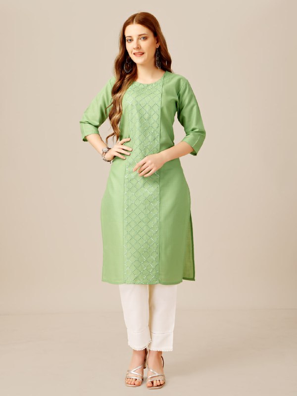 Lime Color Cotton Magic Slub with Embroidery & Sequence Work Kurti and Pant