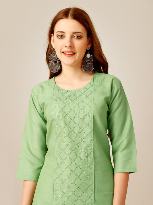 Lime Color Cotton Magic Slub with Embroidery & Sequence Work Kurti and Pant