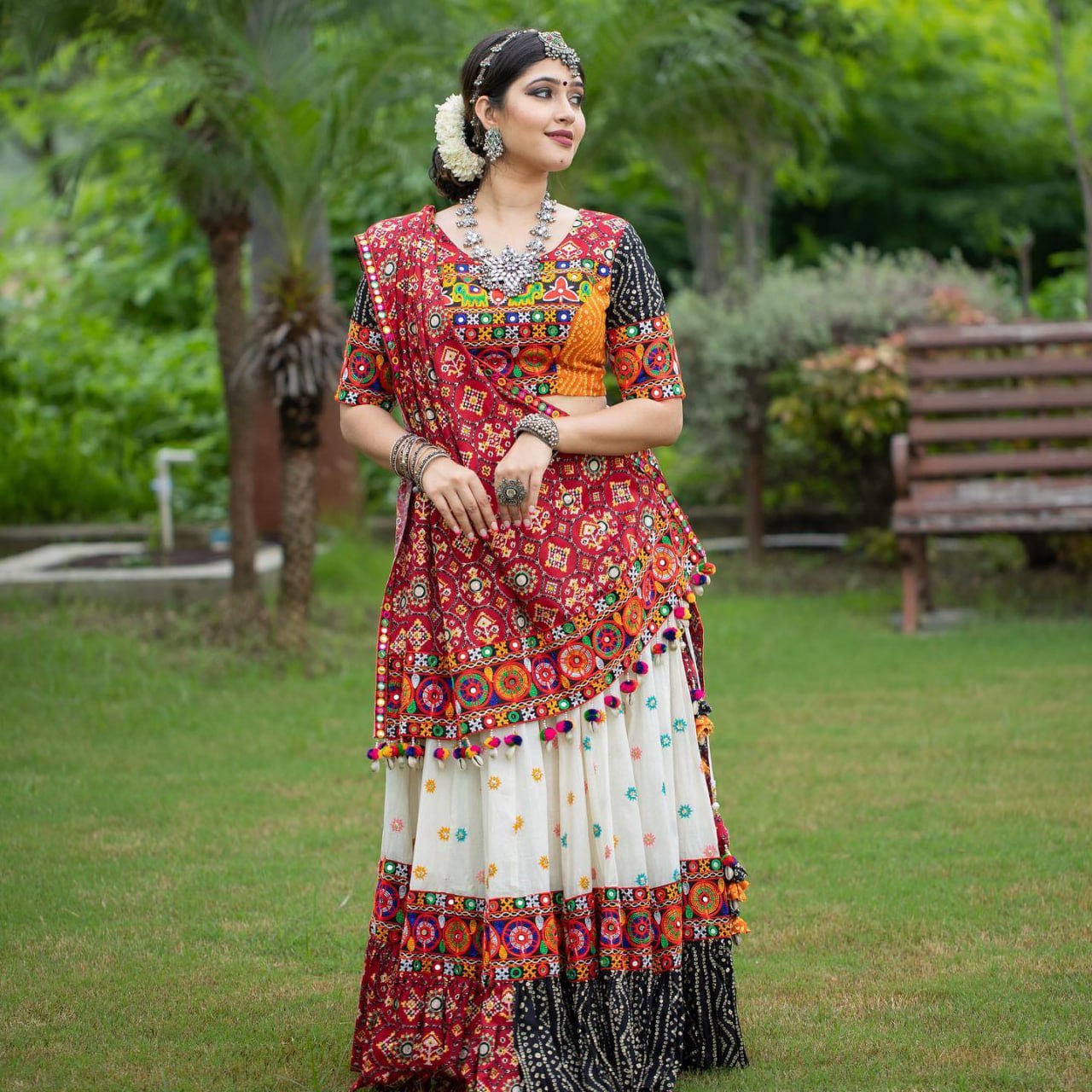 White Red Color Fancy Digital Print Soft Butter Silk Real Mirror Work Navaratri Lehenga Choli