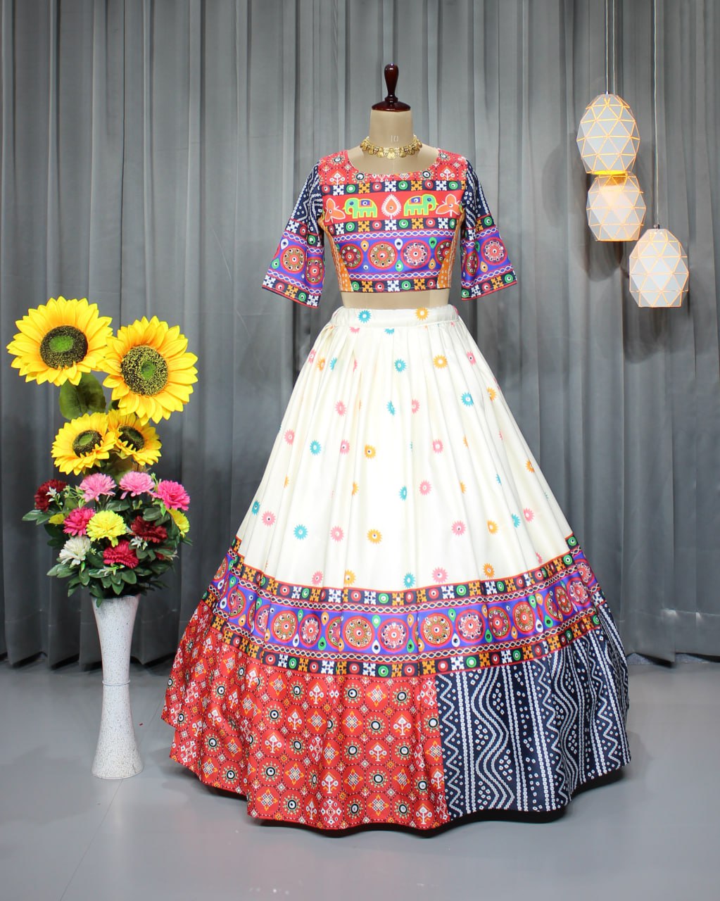 White Red Color Fancy Digital Print Soft Butter Silk Real Mirror Work Navaratri Lehenga Choli