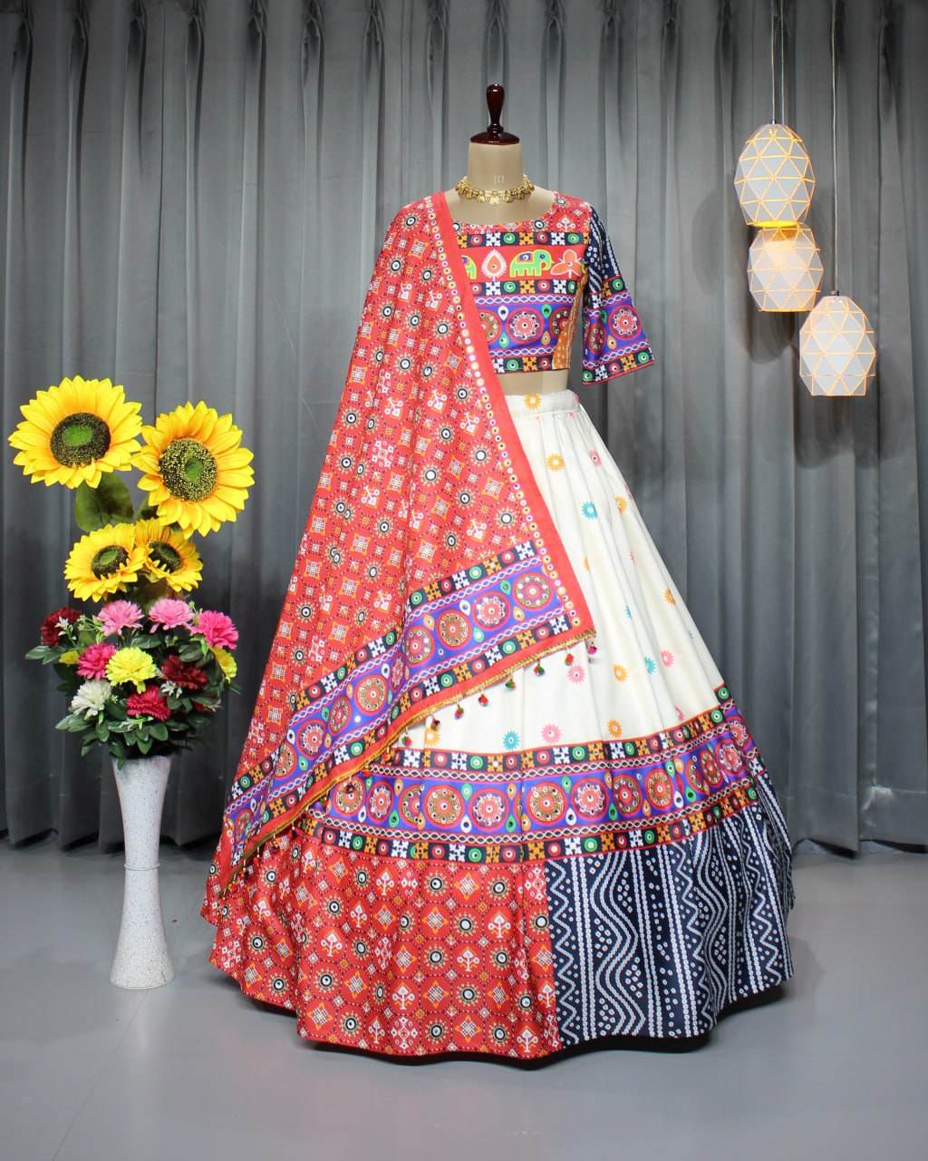 White Red Color Fancy Digital Print Soft Butter Silk Real Mirror Work Navaratri Lehenga Choli