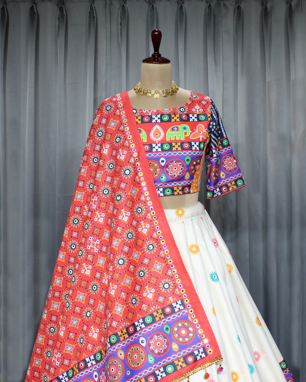 White Red Color Fancy Digital Print Soft Butter Silk Real Mirror Work Navaratri Lehenga Choli