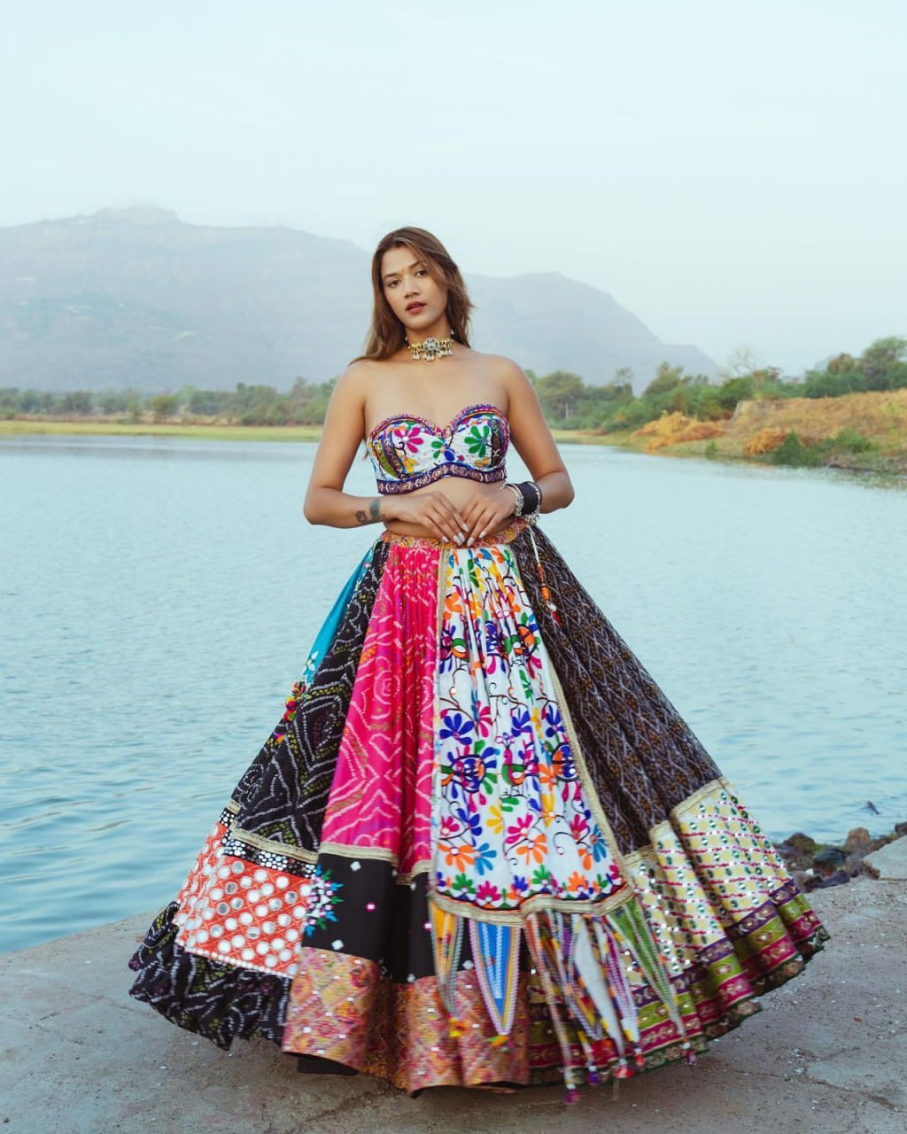 Multicolor Fancy Digital Print Soft Maslin Cotton Real Mirror Work Navaratri Lehenga Choli