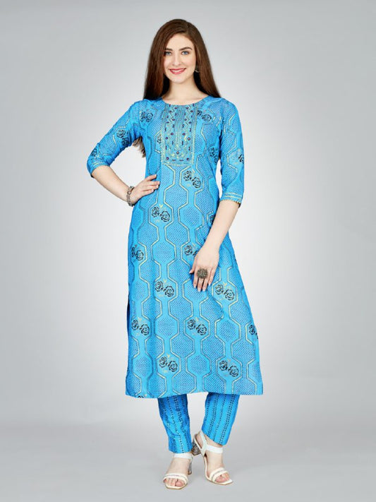 Sky Blue Color Heavy Rayon 14 Kgs With Embroidery Work Kurti and Pant