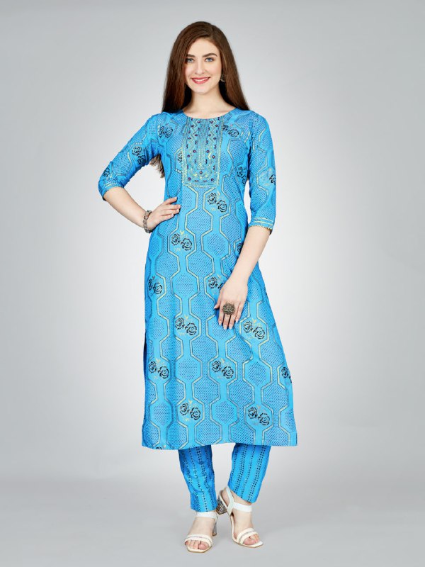 Sky Blue Color Heavy Rayon 14 Kgs With Embroidery Work Kurti and Pant