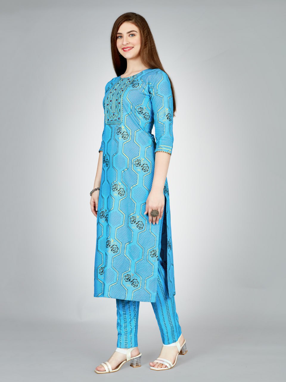 Sky Blue Color Heavy Rayon 14 Kgs With Embroidery Work Kurti and Pant