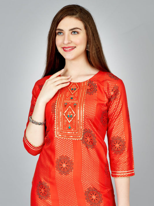 Orange Color Heavy Rayon 14 Kgs With Embroidery Work Kurti and Pant