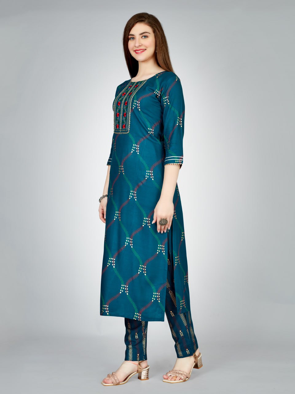 Navy Blue Color Heavy Rayon 14 Kgs With Embroidery Work Kurti and Pant