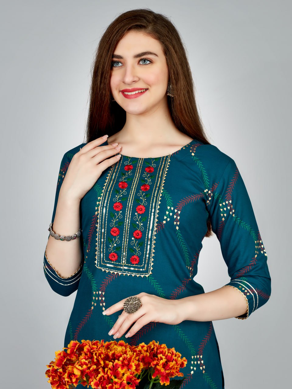 Navy Blue Color Heavy Rayon 14 Kgs With Embroidery Work Kurti and Pant