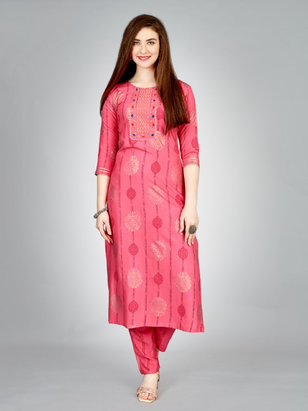Pink Color Heavy Rayon 14 Kgs With Embroidery Work Kurti and Pant