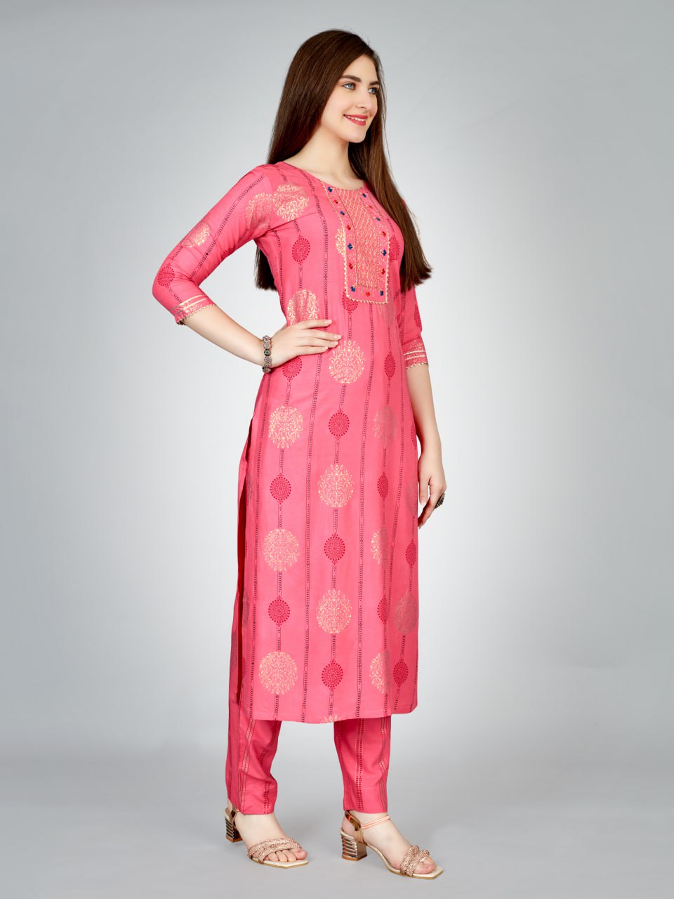 Pink Color Heavy Rayon 14 Kgs With Embroidery Work Kurti and Pant