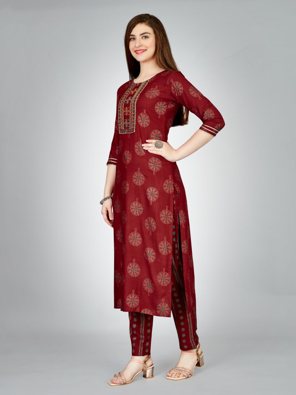 Maroon Color Heavy Rayon 14 Kgs With Embroidery Work Kurti and Pant