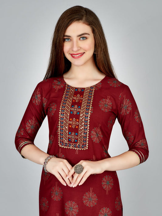 Maroon Color Heavy Rayon 14 Kgs With Embroidery Work Kurti and Pant