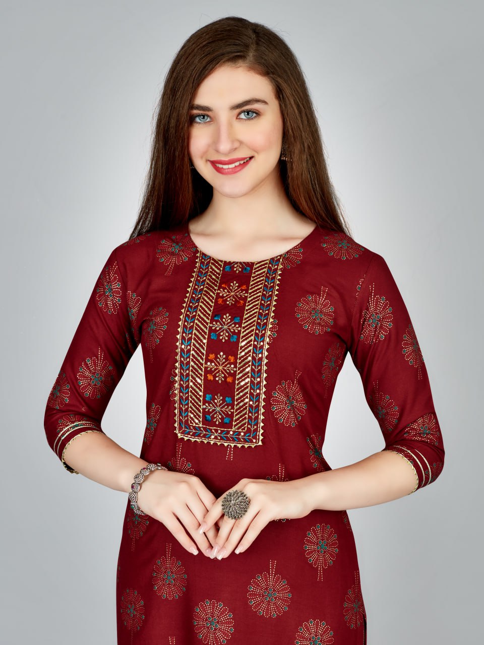 Maroon Color Heavy Rayon 14 Kgs With Embroidery Work Kurti and Pant