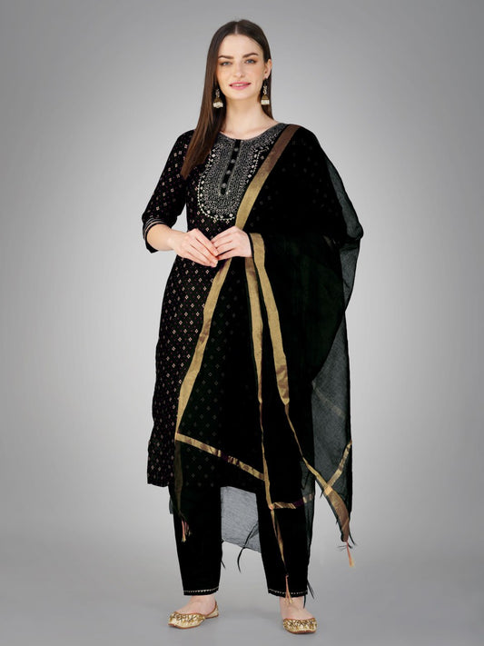 Black Color Cotton Magic Slub with Embroidery & Sequence Work Pant Kurti Pant Dupatta