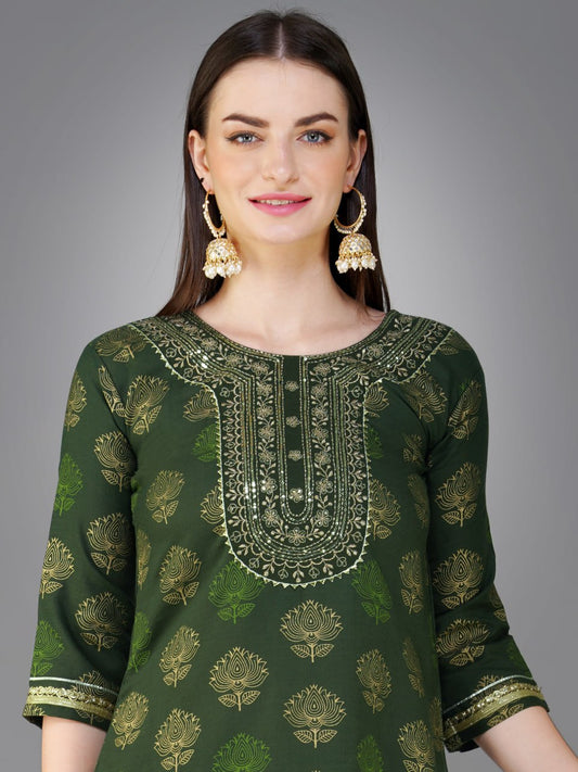 Dark Green Color Cotton Magic Slub with Embroidery & Sequence Work Pant Kurti Pant Dupatta
