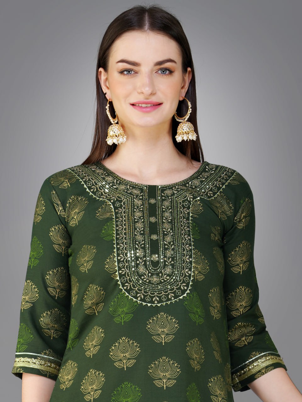 Dark Green Color Cotton Magic Slub with Embroidery & Sequence Work Pant Kurti Pant Dupatta