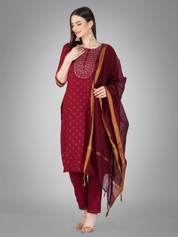 Maroon Color Cotton Magic Slub with Embroidery & Sequence Work Pant Kurti Pant Dupatta