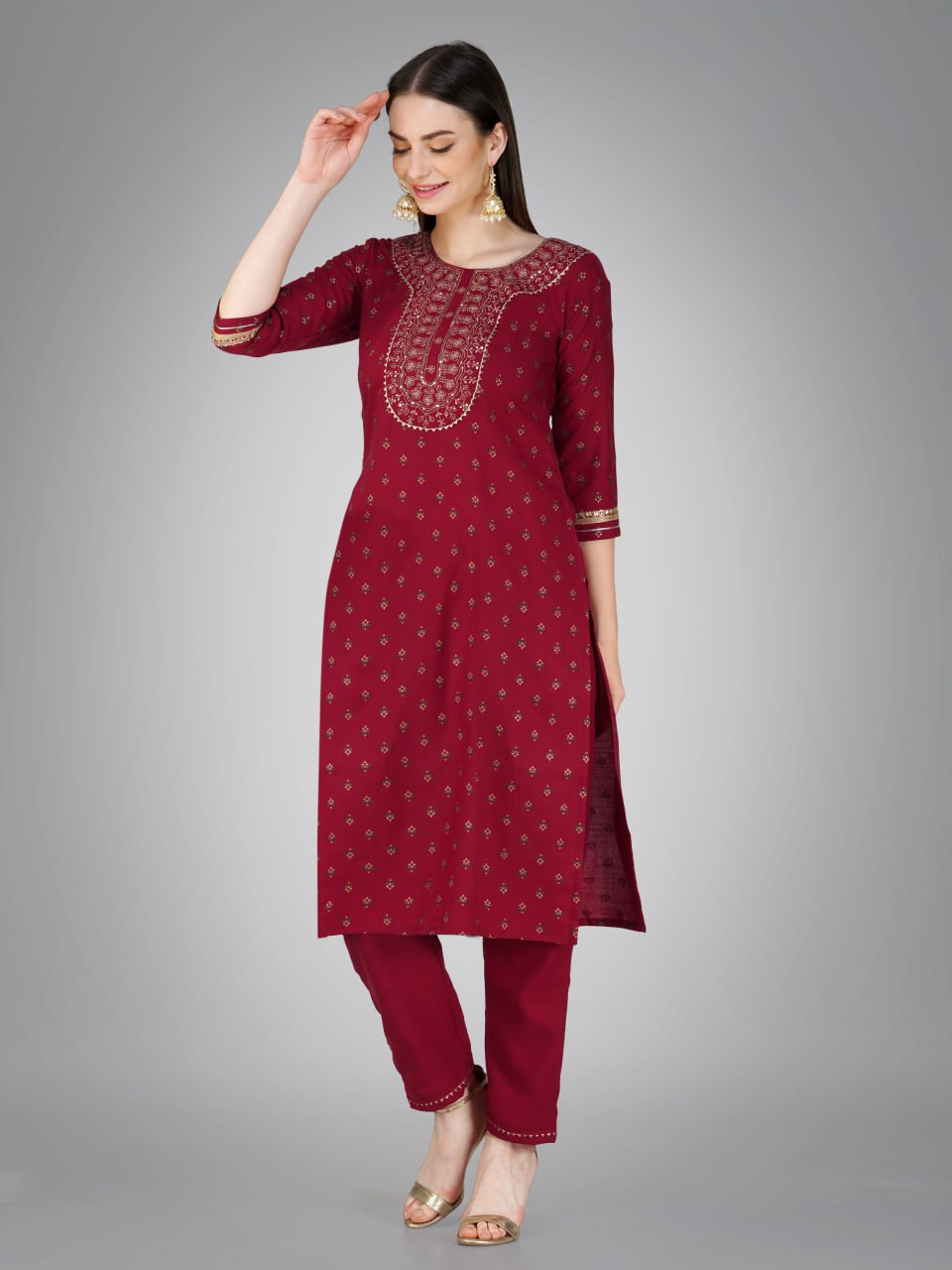 Maroon Color Cotton Magic Slub with Embroidery & Sequence Work Pant Kurti Pant Dupatta