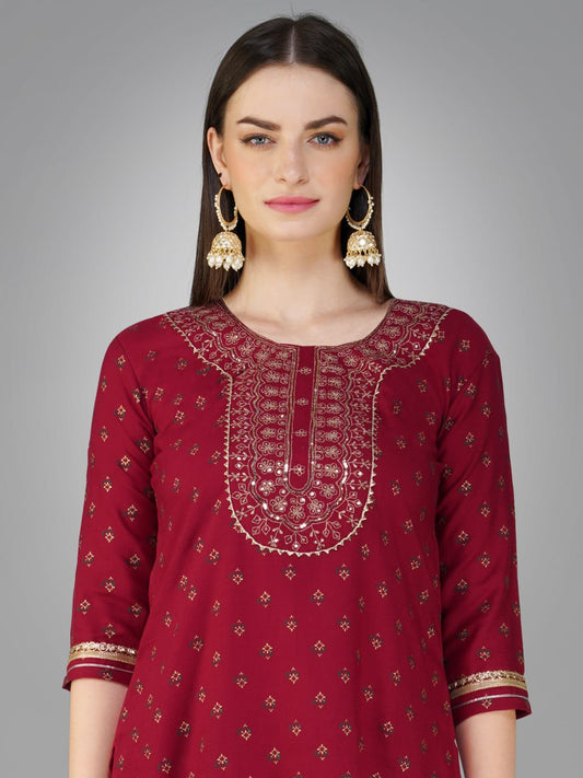 Maroon Color Cotton Magic Slub with Embroidery & Sequence Work Pant Kurti Pant Dupatta