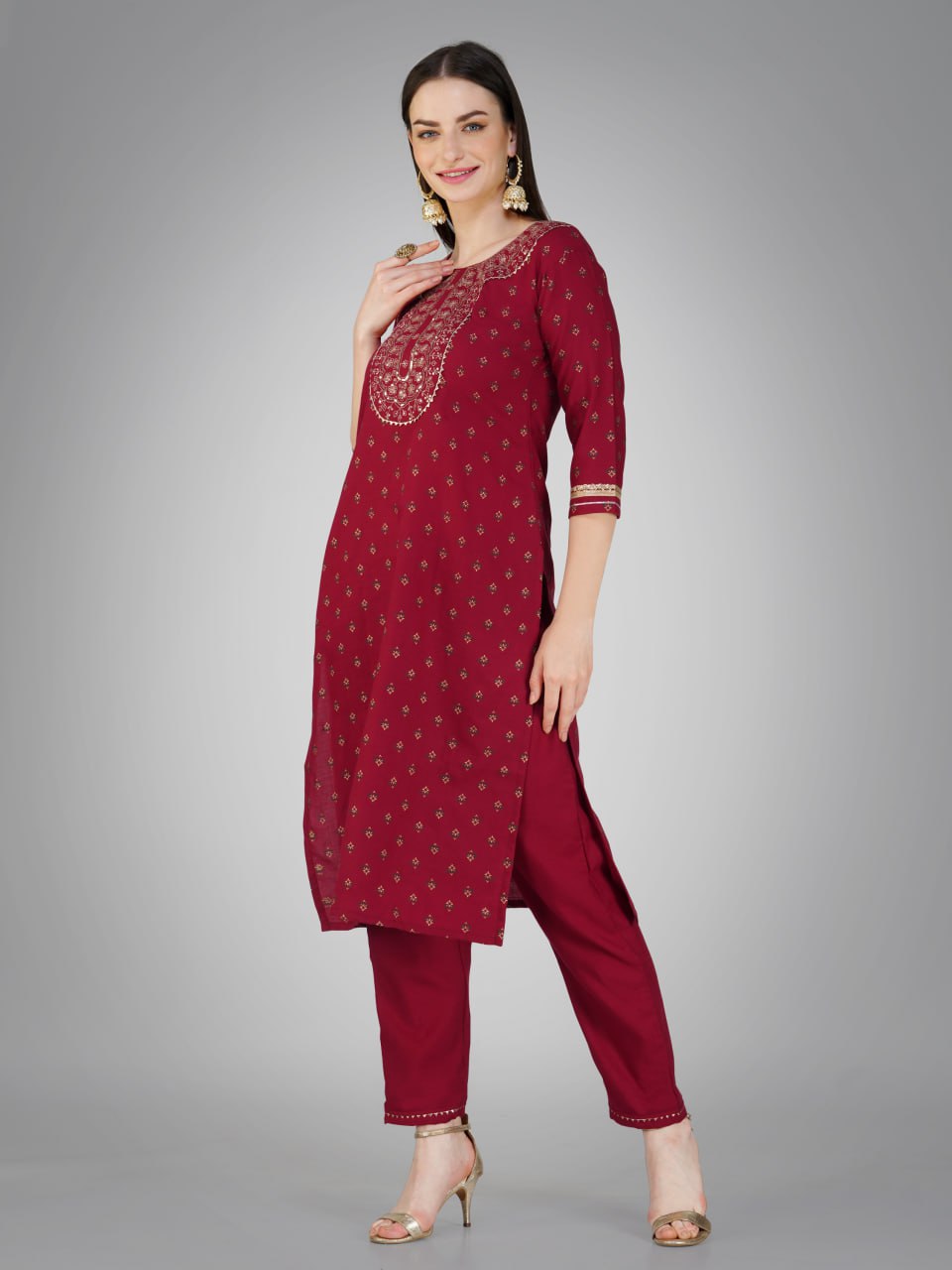 Maroon Color Cotton Magic Slub with Embroidery & Sequence Work Pant Kurti Pant Dupatta
