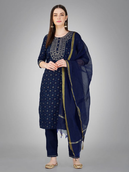 Navy Blue Color Cotton Magic Slub with Embroidery & Sequence Work Pant Kurti Pant Dupatta