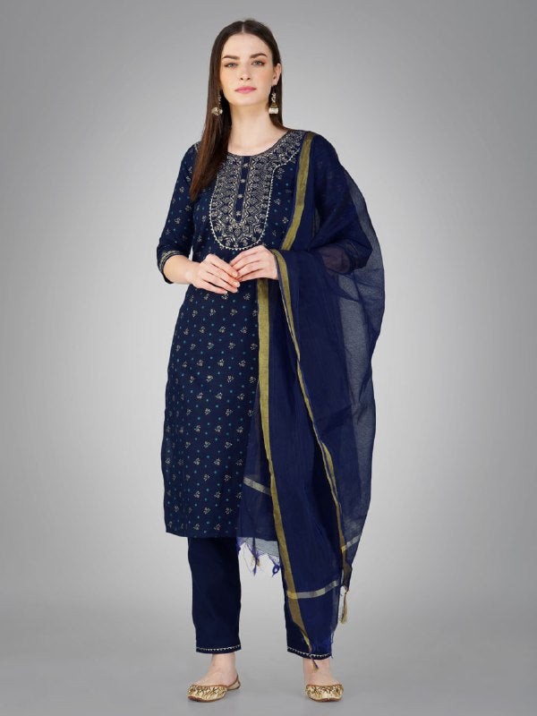 Navy Blue Color Cotton Magic Slub with Embroidery & Sequence Work Pant Kurti Pant Dupatta