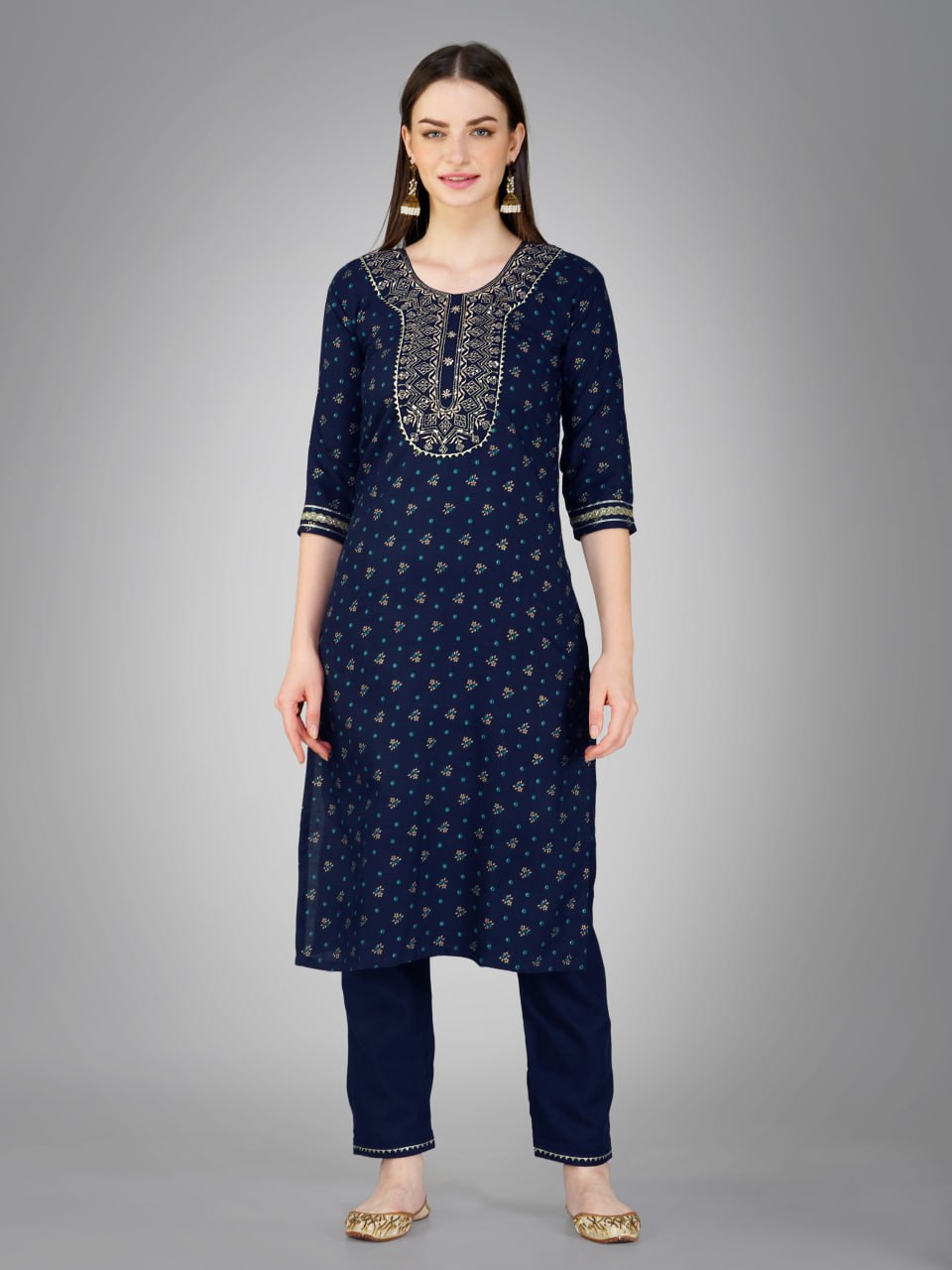 Navy Blue Color Cotton Magic Slub with Embroidery & Sequence Work Pant Kurti Pant Dupatta