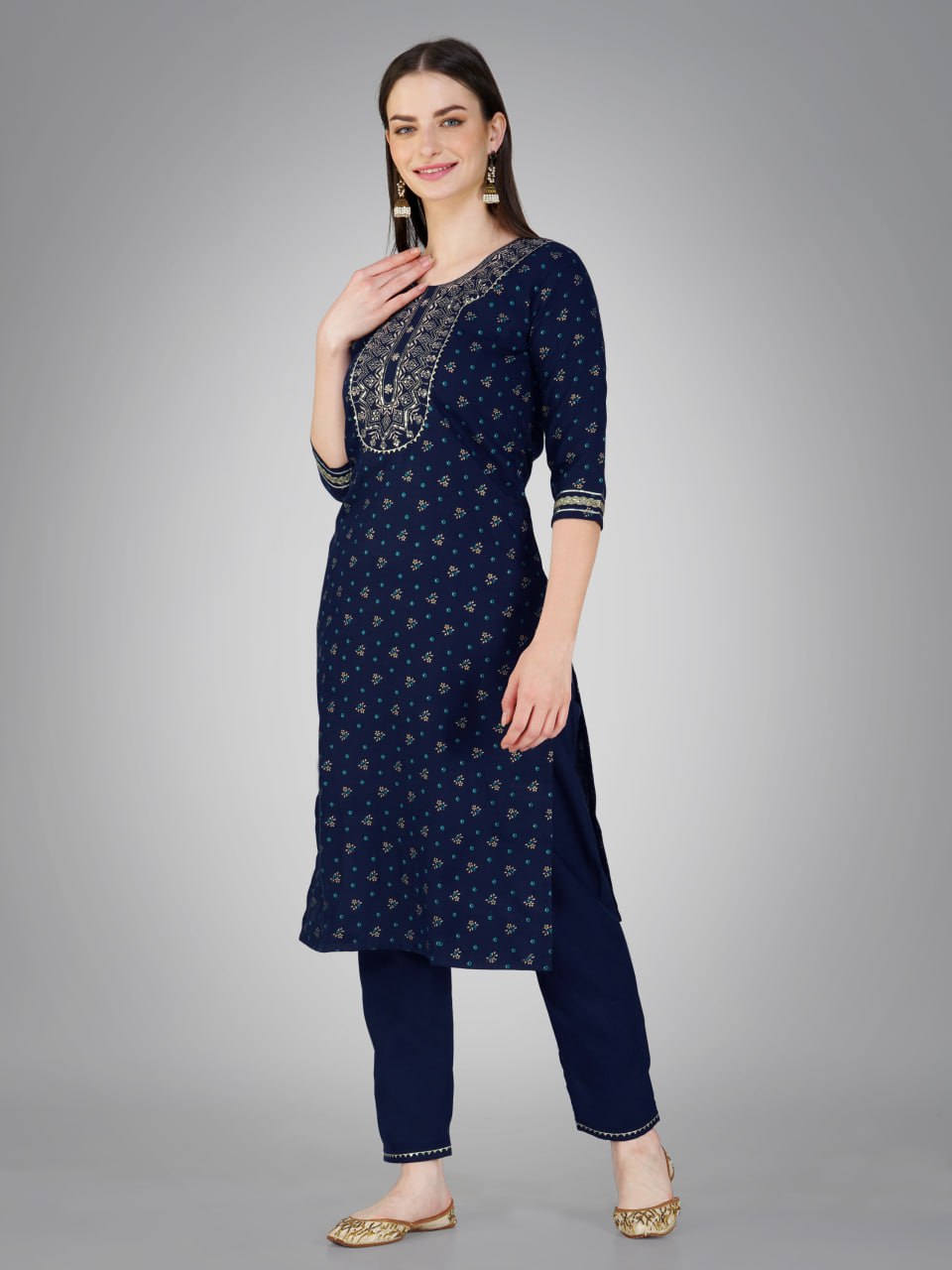Navy Blue Color Cotton Magic Slub with Embroidery & Sequence Work Pant Kurti Pant Dupatta