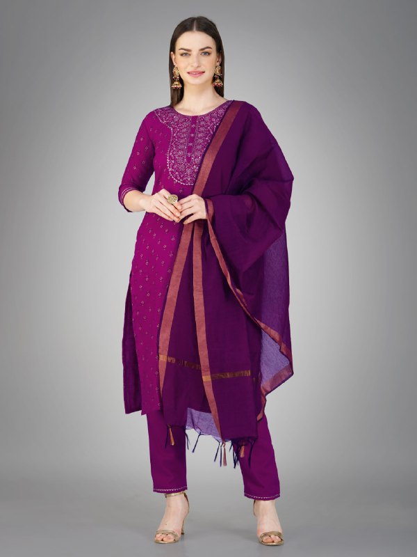 Purple Color Cotton Magic Slub with Embroidery & Sequence Work Pant Kurti Pant Dupatta