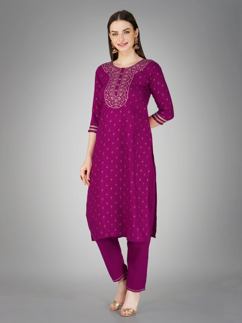 Purple Color Cotton Magic Slub with Embroidery & Sequence Work Pant Kurti Pant Dupatta
