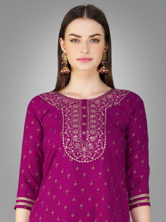 Purple Color Cotton Magic Slub with Embroidery & Sequence Work Pant Kurti Pant Dupatta